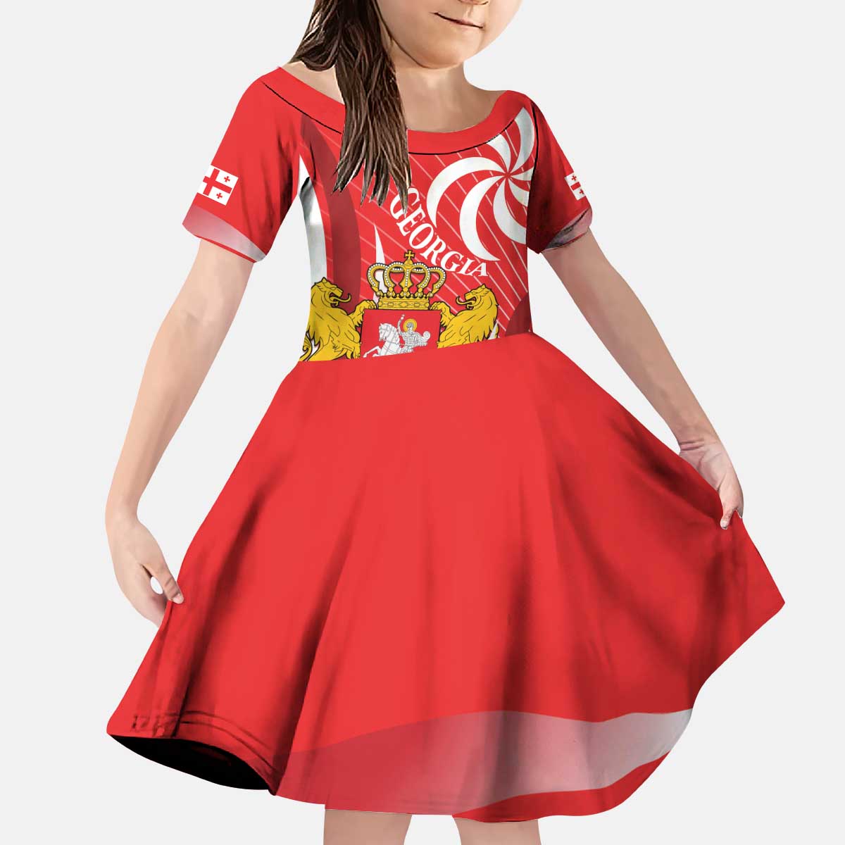 Georgia Independence Day Kid Short Sleeve Dress Borjgalo With Coat Of Arms
