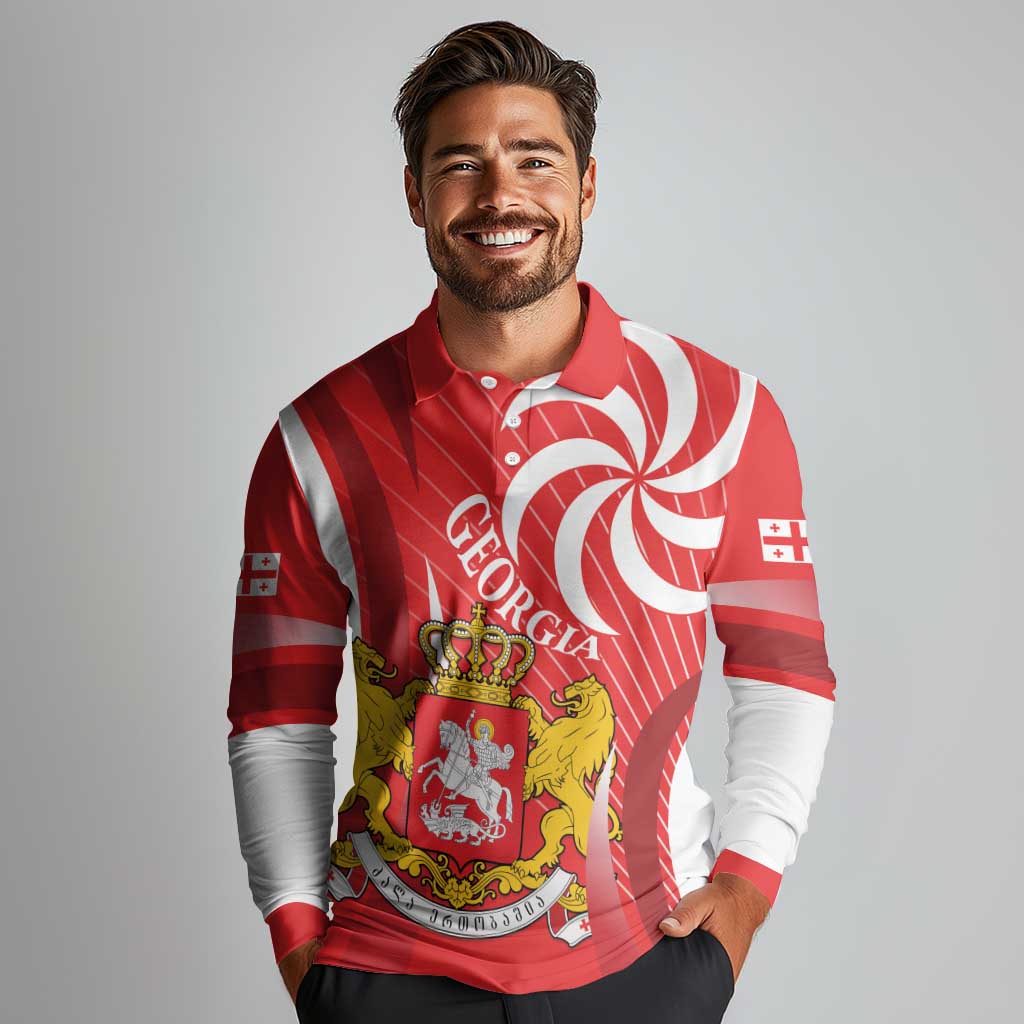 Georgia Independence Day Long Sleeve Polo Shirt Borjgalo With Coat Of Arms