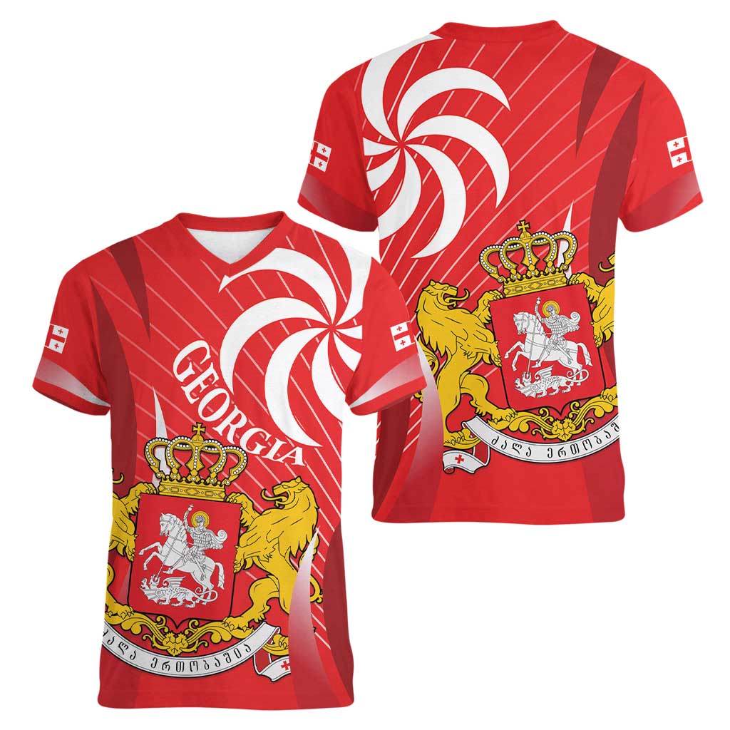 Georgia Independence Day Women V-Neck T-Shirt Borjgalo With Coat Of Arms