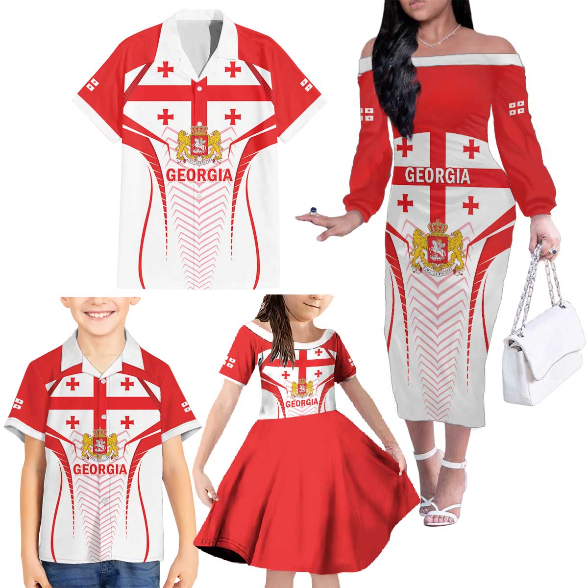 Custom Georgia Football Family Matching Off The Shoulder Long Sleeve Dress and Hawaiian Shirt Come On Georgian