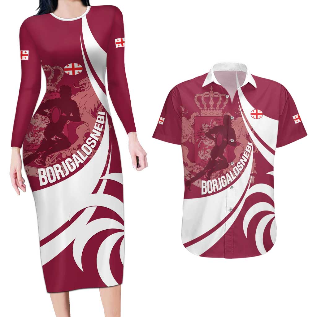 Custom Georgia Rugby Couples Matching Long Sleeve Bodycon Dress and Hawaiian Shirt Go Borjgalosnebi