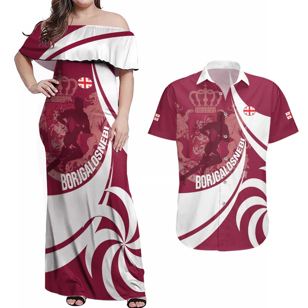 Custom Georgia Rugby Couples Matching Off Shoulder Maxi Dress and Hawaiian Shirt Go Borjgalosnebi