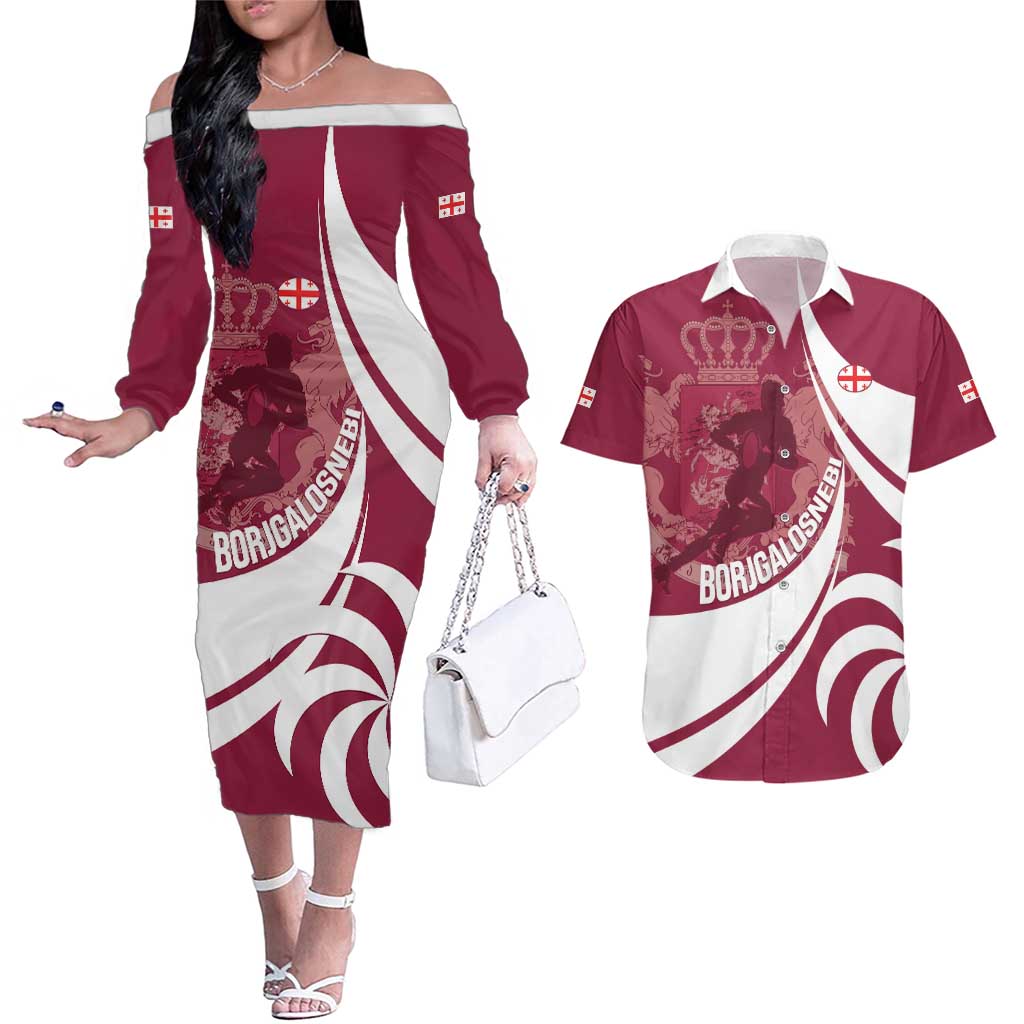Custom Georgia Rugby Couples Matching Off The Shoulder Long Sleeve Dress and Hawaiian Shirt Go Borjgalosnebi