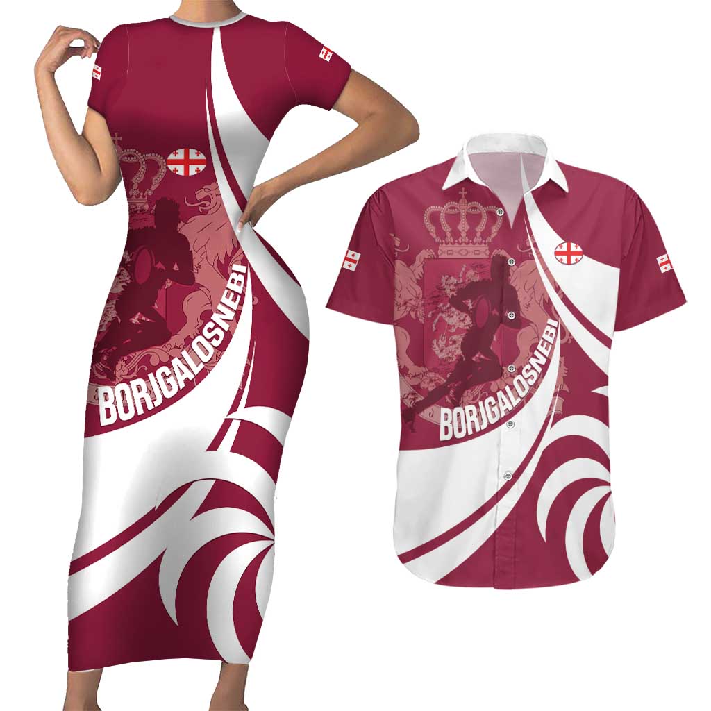 Custom Georgia Rugby Couples Matching Short Sleeve Bodycon Dress and Hawaiian Shirt Go Borjgalosnebi