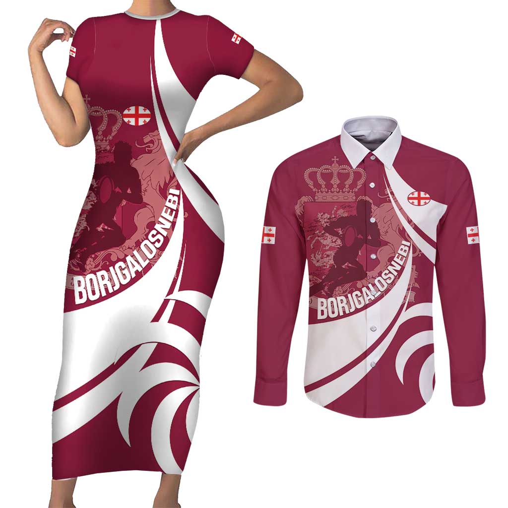 Custom Georgia Rugby Couples Matching Short Sleeve Bodycon Dress and Long Sleeve Button Shirt Go Borjgalosnebi