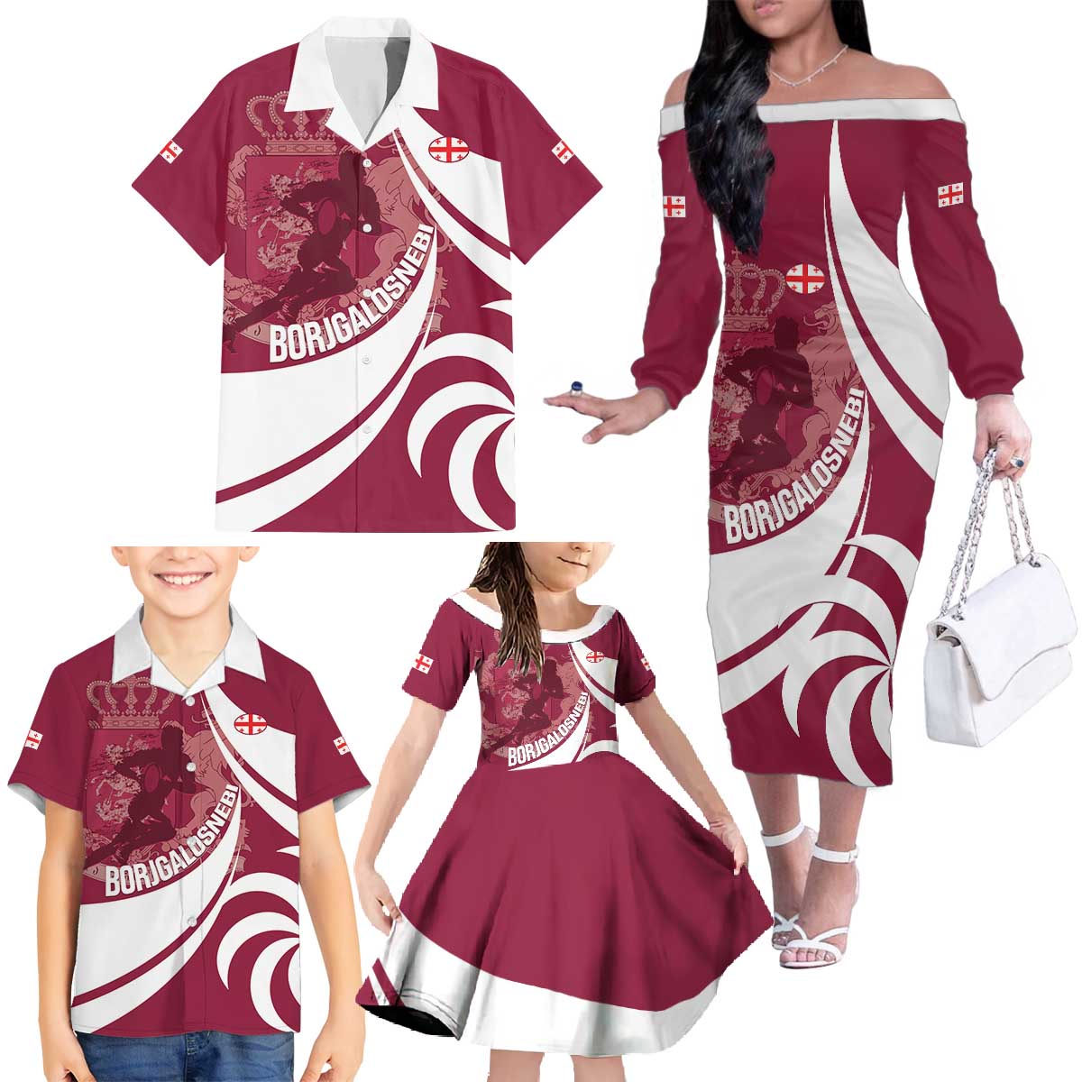 Custom Georgia Rugby Family Matching Off The Shoulder Long Sleeve Dress and Hawaiian Shirt Go Borjgalosnebi