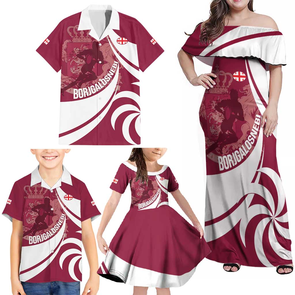 Custom Georgia Rugby Family Matching Off Shoulder Maxi Dress and Hawaiian Shirt Go Borjgalosnebi
