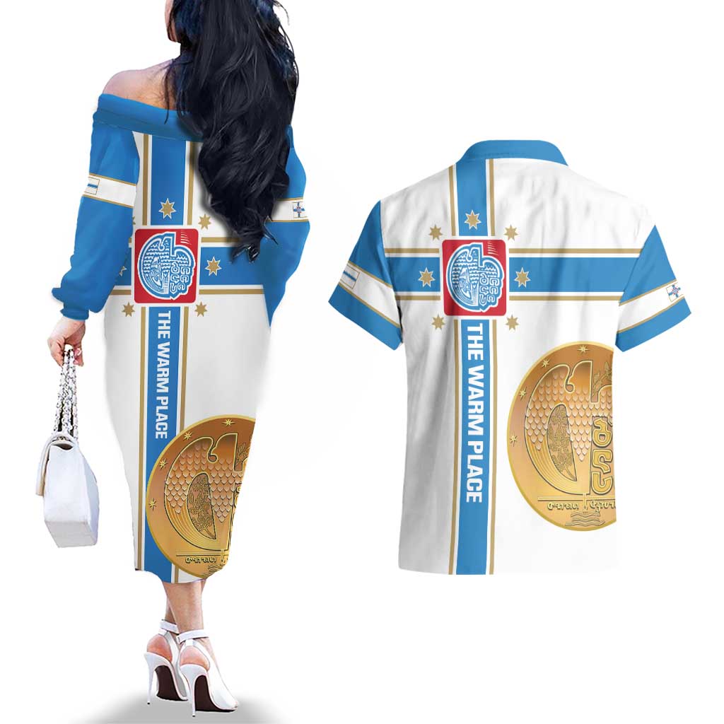 Georgia Tbilisi Capital Couples Matching Off The Shoulder Long Sleeve Dress and Hawaiian Shirt The Warm Place Flag Style
