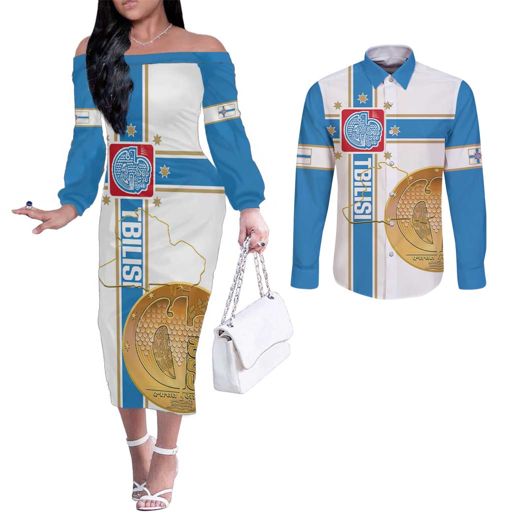 Georgia Tbilisi Capital Couples Matching Off The Shoulder Long Sleeve Dress and Long Sleeve Button Shirt The Warm Place Flag Style