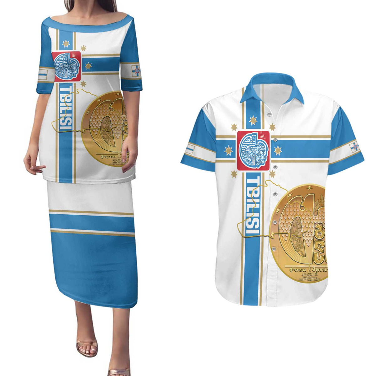 Georgia Tbilisi Capital Couples Matching Puletasi and Hawaiian Shirt The Warm Place Flag Style