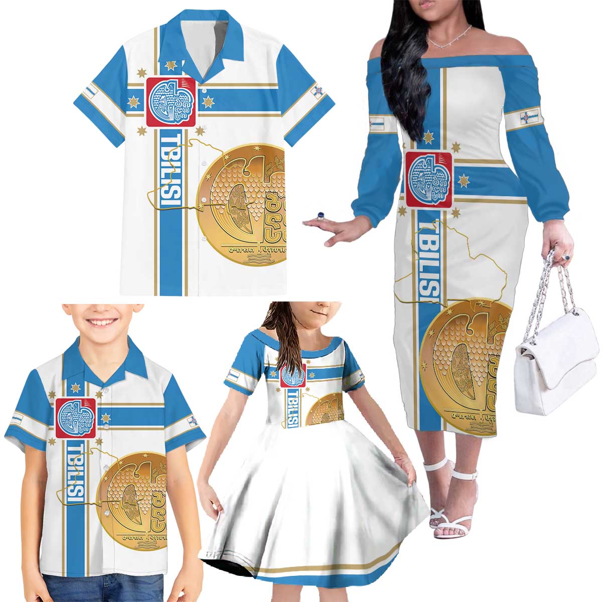 Georgia Tbilisi Capital Family Matching Off The Shoulder Long Sleeve Dress and Hawaiian Shirt The Warm Place Flag Style
