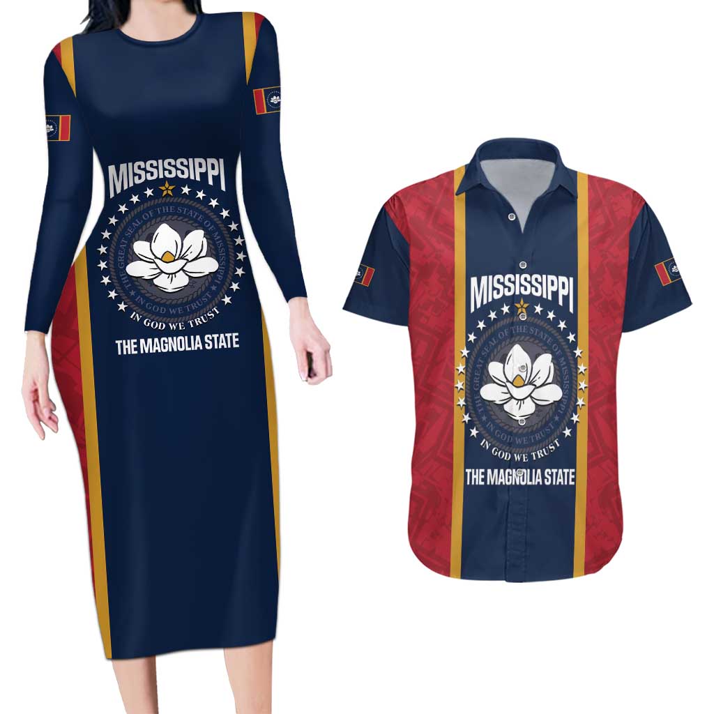 United States Mississippi Couples Matching Long Sleeve Bodycon Dress and Hawaiian Shirt Magnolia State Flag Style