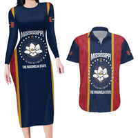United States Mississippi Couples Matching Long Sleeve Bodycon Dress and Hawaiian Shirt Magnolia State Flag Style