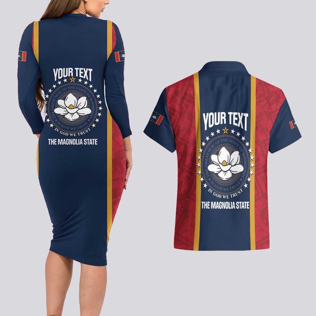 United States Mississippi Couples Matching Long Sleeve Bodycon Dress and Hawaiian Shirt Magnolia State Flag Style