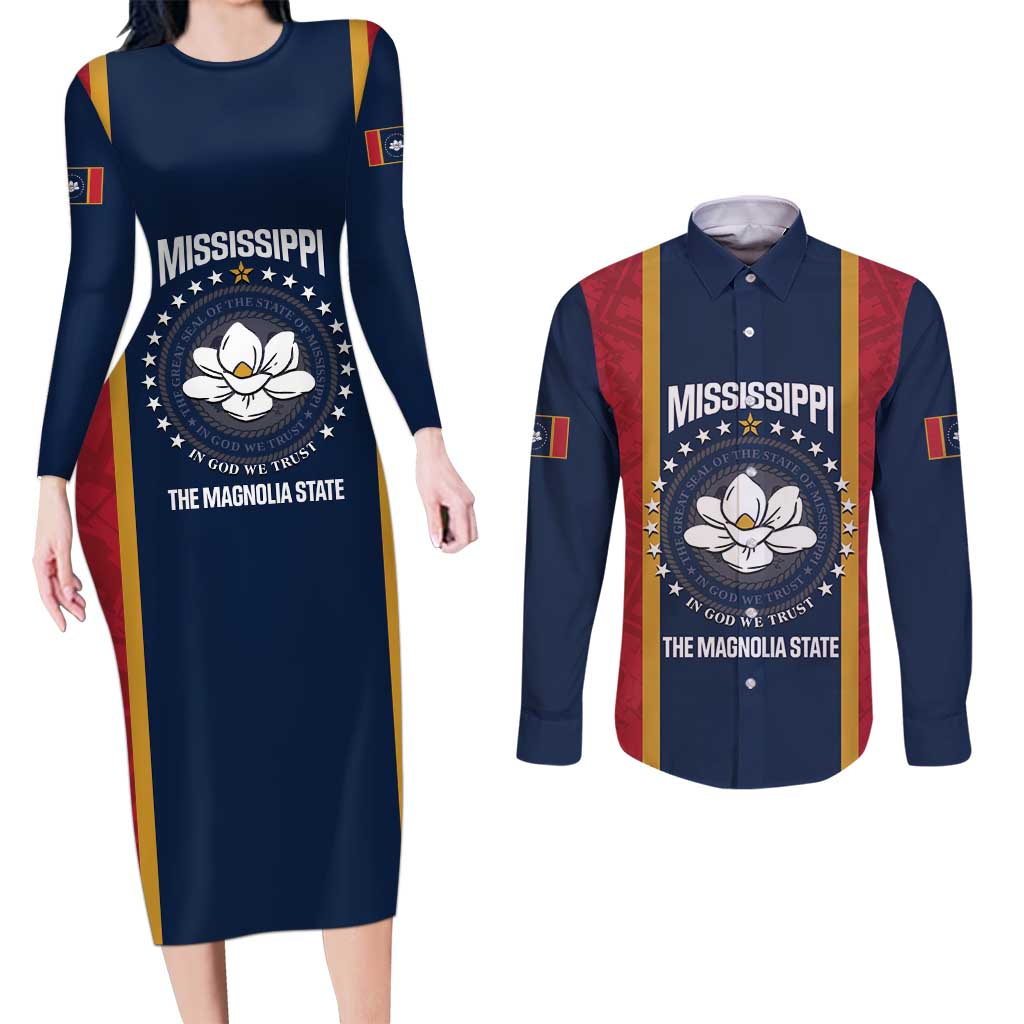 United States Mississippi Couples Matching Long Sleeve Bodycon Dress and Long Sleeve Button Shirt Magnolia State Flag Style
