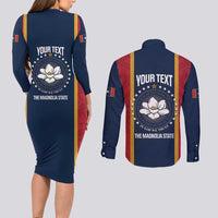 United States Mississippi Couples Matching Long Sleeve Bodycon Dress and Long Sleeve Button Shirt Magnolia State Flag Style