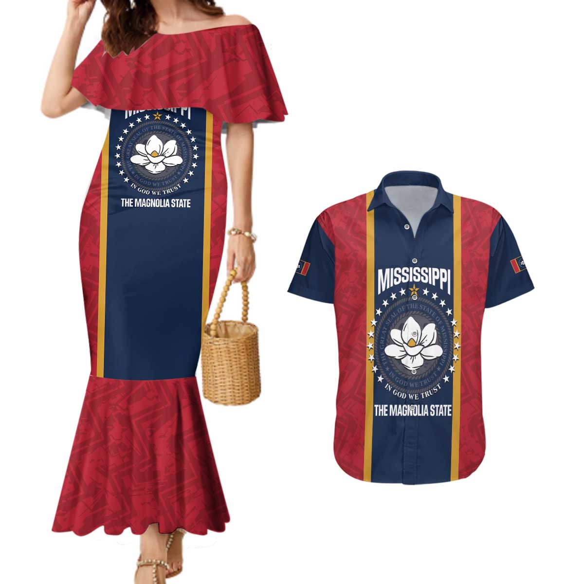 United States Mississippi Couples Matching Mermaid Dress and Hawaiian Shirt Magnolia State Flag Style