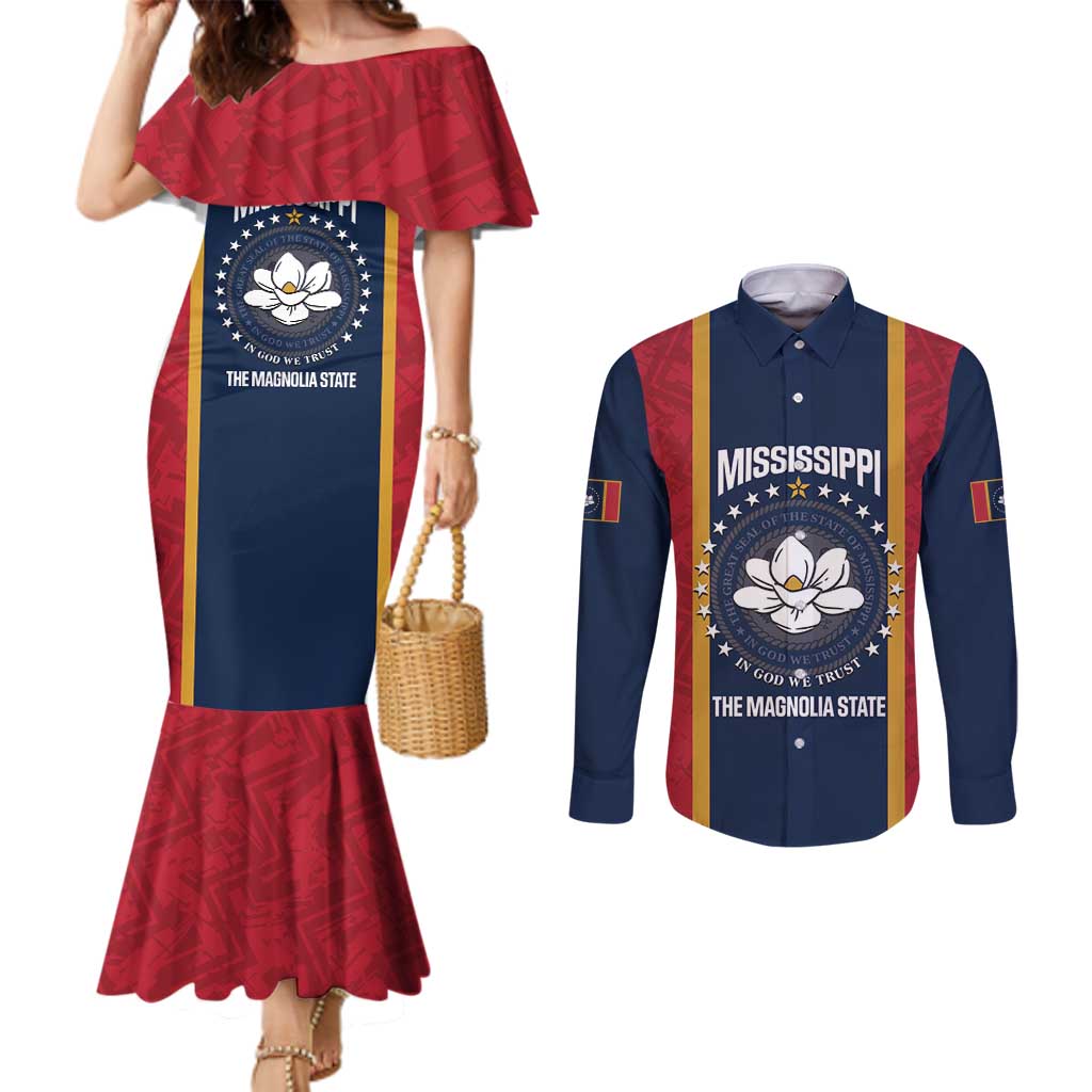 United States Mississippi Couples Matching Mermaid Dress and Long Sleeve Button Shirt Magnolia State Flag Style