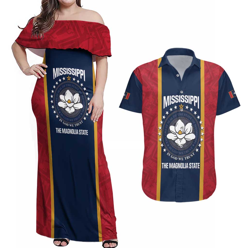 United States Mississippi Couples Matching Off Shoulder Maxi Dress and Hawaiian Shirt Magnolia State Flag Style