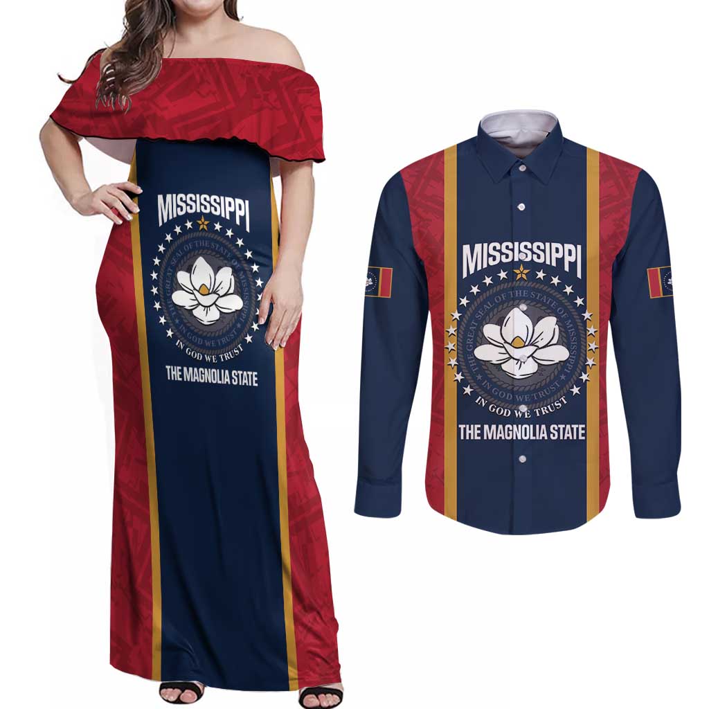 United States Mississippi Couples Matching Off Shoulder Maxi Dress and Long Sleeve Button Shirt Magnolia State Flag Style