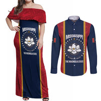 United States Mississippi Couples Matching Off Shoulder Maxi Dress and Long Sleeve Button Shirt Magnolia State Flag Style