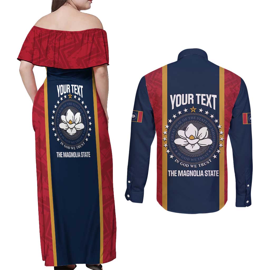 United States Mississippi Couples Matching Off Shoulder Maxi Dress and Long Sleeve Button Shirt Magnolia State Flag Style
