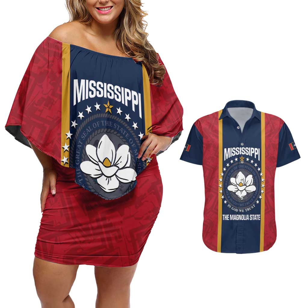 United States Mississippi Couples Matching Off Shoulder Short Dress and Hawaiian Shirt Magnolia State Flag Style