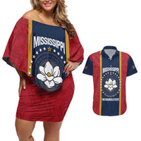 United States Mississippi Couples Matching Off Shoulder Short Dress and Hawaiian Shirt Magnolia State Flag Style