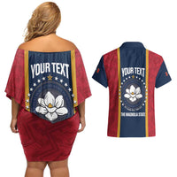 United States Mississippi Couples Matching Off Shoulder Short Dress and Hawaiian Shirt Magnolia State Flag Style