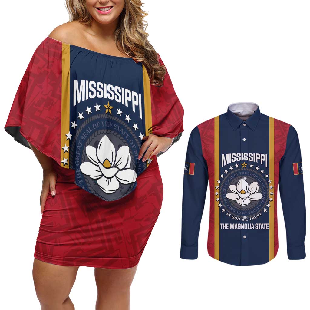United States Mississippi Couples Matching Off Shoulder Short Dress and Long Sleeve Button Shirt Magnolia State Flag Style