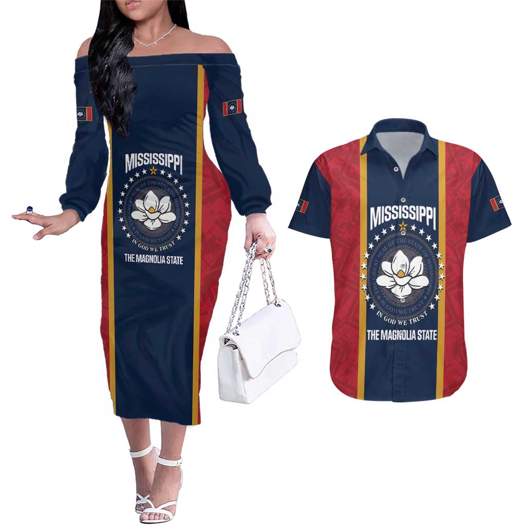 United States Mississippi Couples Matching Off The Shoulder Long Sleeve Dress and Hawaiian Shirt Magnolia State Flag Style
