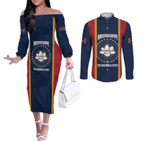 United States Mississippi Couples Matching Off The Shoulder Long Sleeve Dress and Long Sleeve Button Shirt Magnolia State Flag Style
