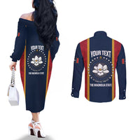 United States Mississippi Couples Matching Off The Shoulder Long Sleeve Dress and Long Sleeve Button Shirt Magnolia State Flag Style