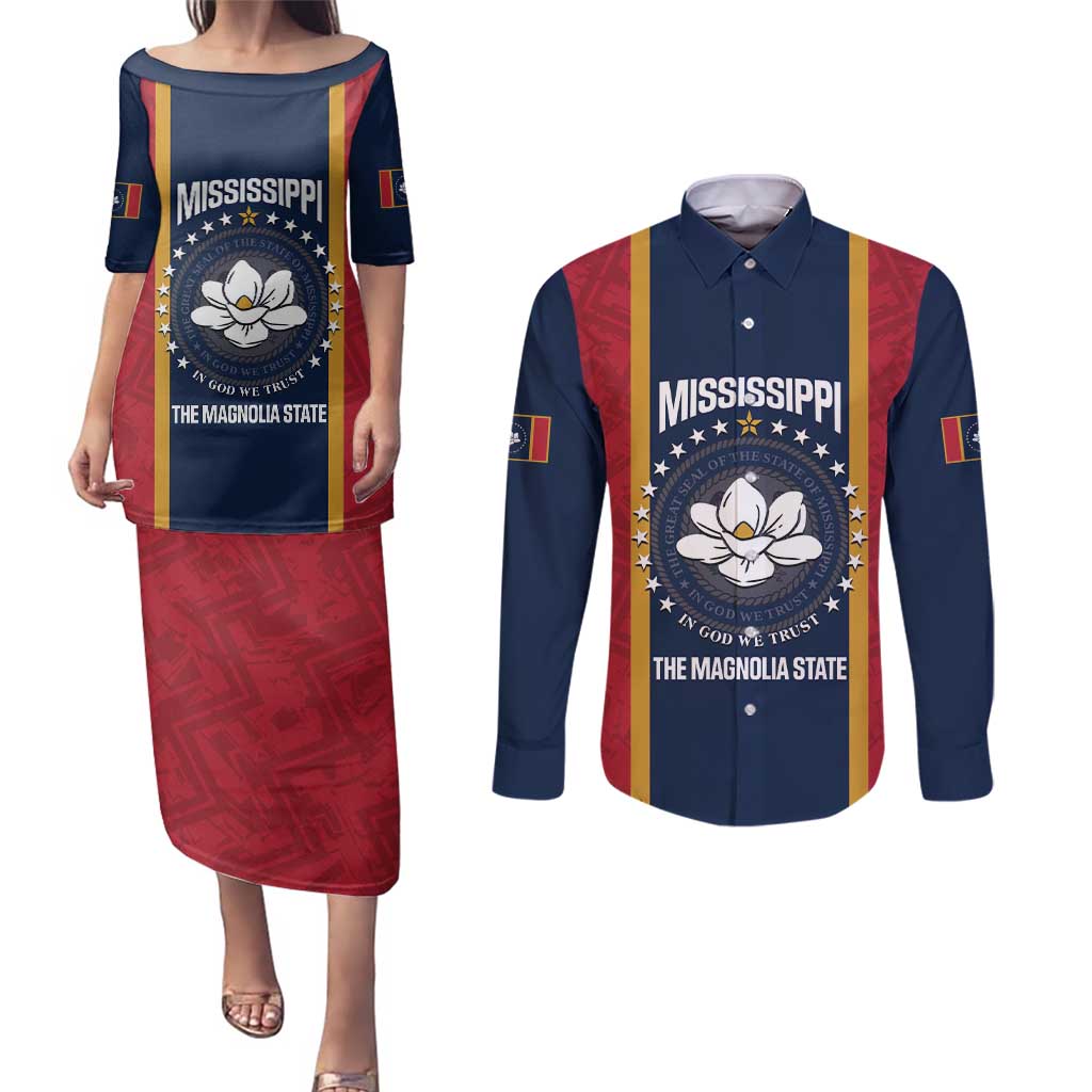 United States Mississippi Couples Matching Puletasi and Long Sleeve Button Shirt Magnolia State Flag Style