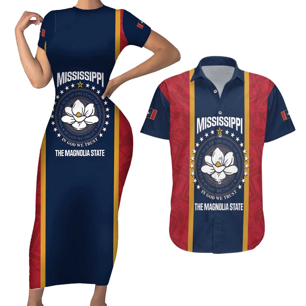 United States Mississippi Couples Matching Short Sleeve Bodycon Dress and Hawaiian Shirt Magnolia State Flag Style