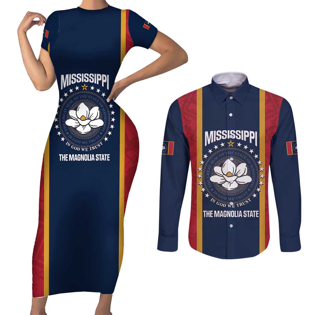 United States Mississippi Couples Matching Short Sleeve Bodycon Dress and Long Sleeve Button Shirt Magnolia State Flag Style