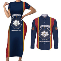 United States Mississippi Couples Matching Short Sleeve Bodycon Dress and Long Sleeve Button Shirt Magnolia State Flag Style
