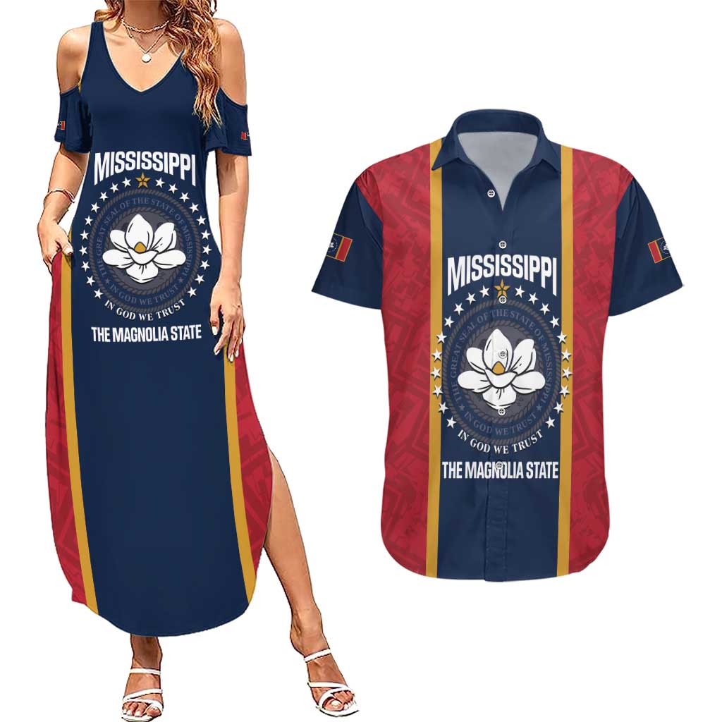 United States Mississippi Couples Matching Summer Maxi Dress and Hawaiian Shirt Magnolia State Flag Style