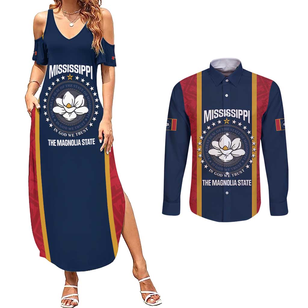 United States Mississippi Couples Matching Summer Maxi Dress and Long Sleeve Button Shirt Magnolia State Flag Style
