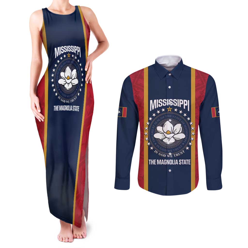 United States Mississippi Couples Matching Tank Maxi Dress and Long Sleeve Button Shirt Magnolia State Flag Style
