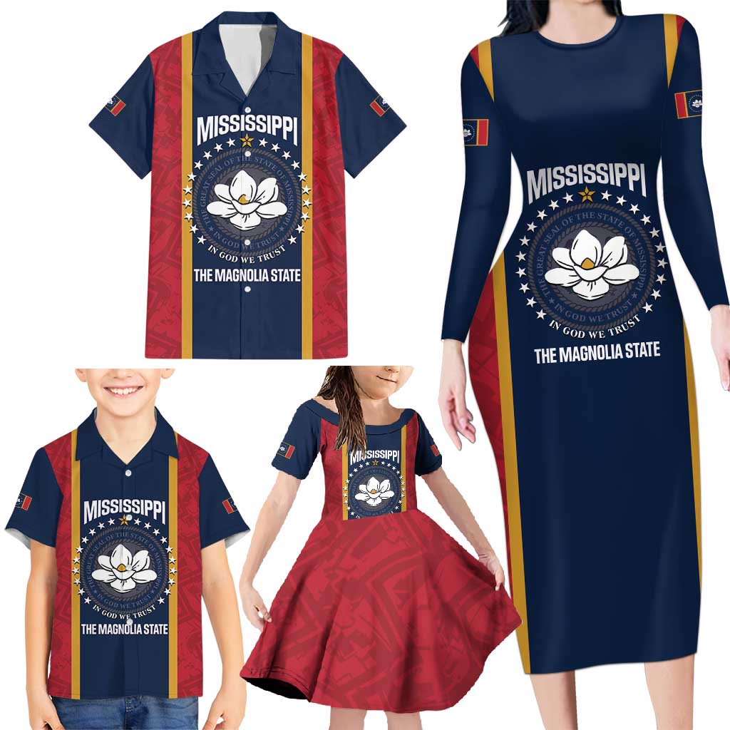 United States Mississippi Family Matching Long Sleeve Bodycon Dress and Hawaiian Shirt Magnolia State Flag Style