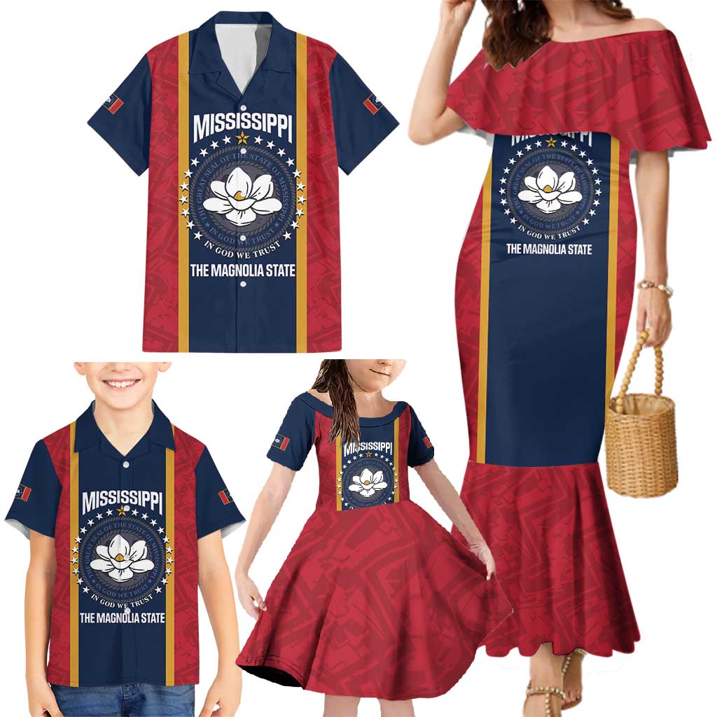 United States Mississippi Family Matching Mermaid Dress and Hawaiian Shirt Magnolia State Flag Style