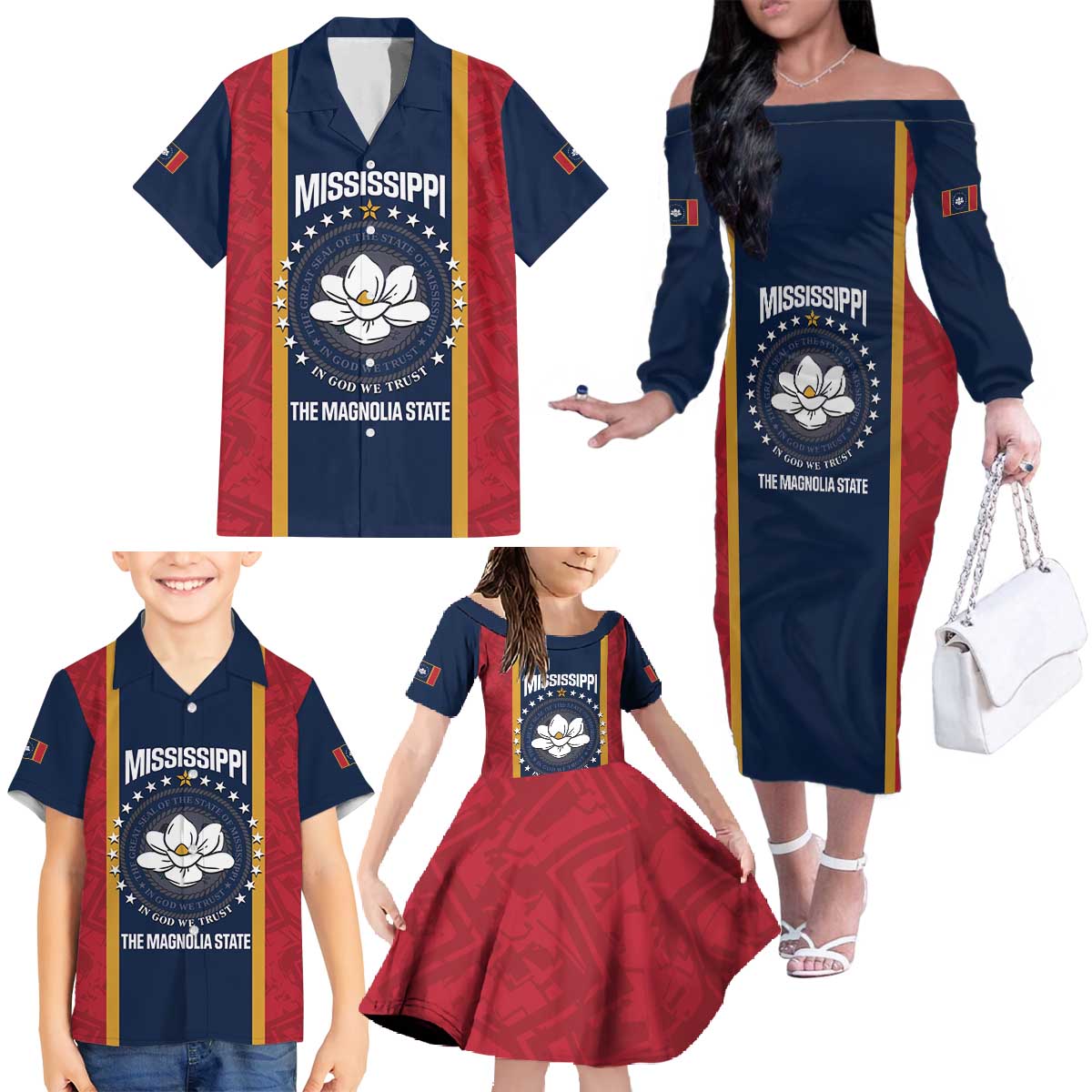 United States Mississippi Family Matching Off The Shoulder Long Sleeve Dress and Hawaiian Shirt Magnolia State Flag Style