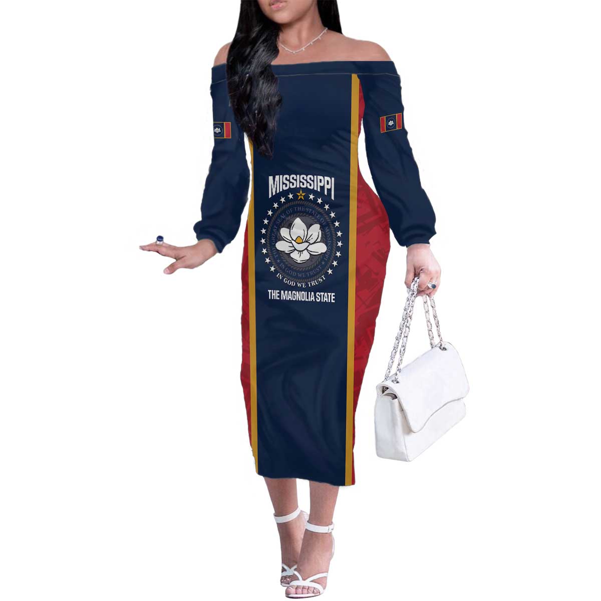 United States Mississippi Family Matching Off The Shoulder Long Sleeve Dress and Hawaiian Shirt Magnolia State Flag Style
