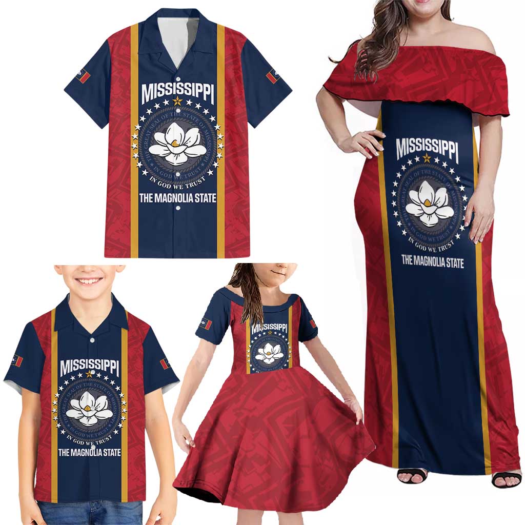 United States Mississippi Family Matching Off Shoulder Maxi Dress and Hawaiian Shirt Magnolia State Flag Style