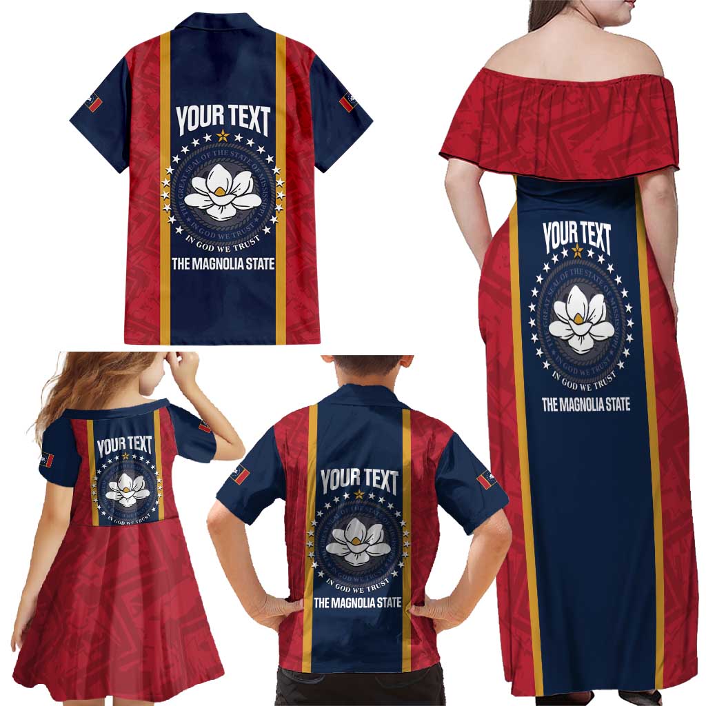 United States Mississippi Family Matching Off Shoulder Maxi Dress and Hawaiian Shirt Magnolia State Flag Style