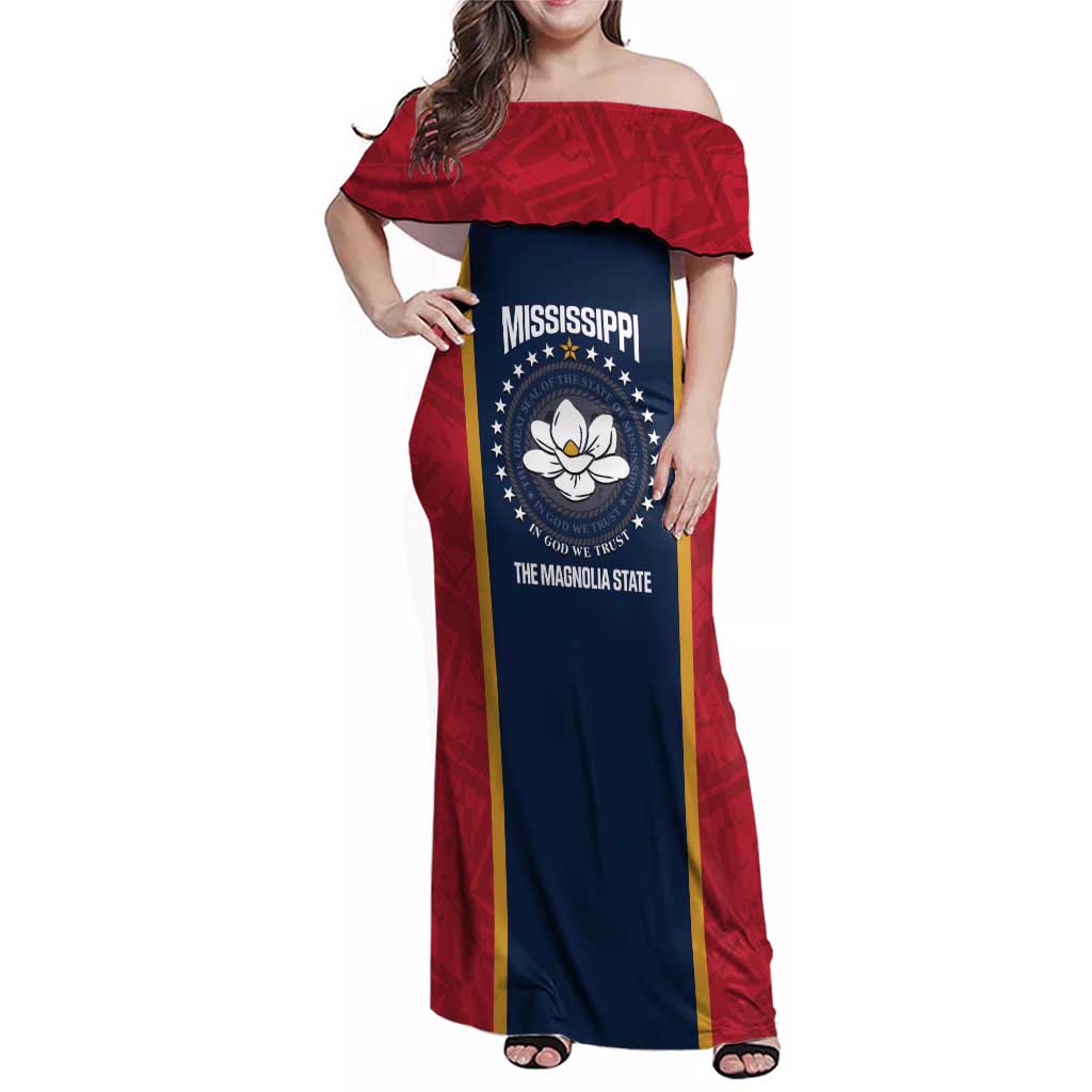 United States Mississippi Family Matching Off Shoulder Maxi Dress and Hawaiian Shirt Magnolia State Flag Style