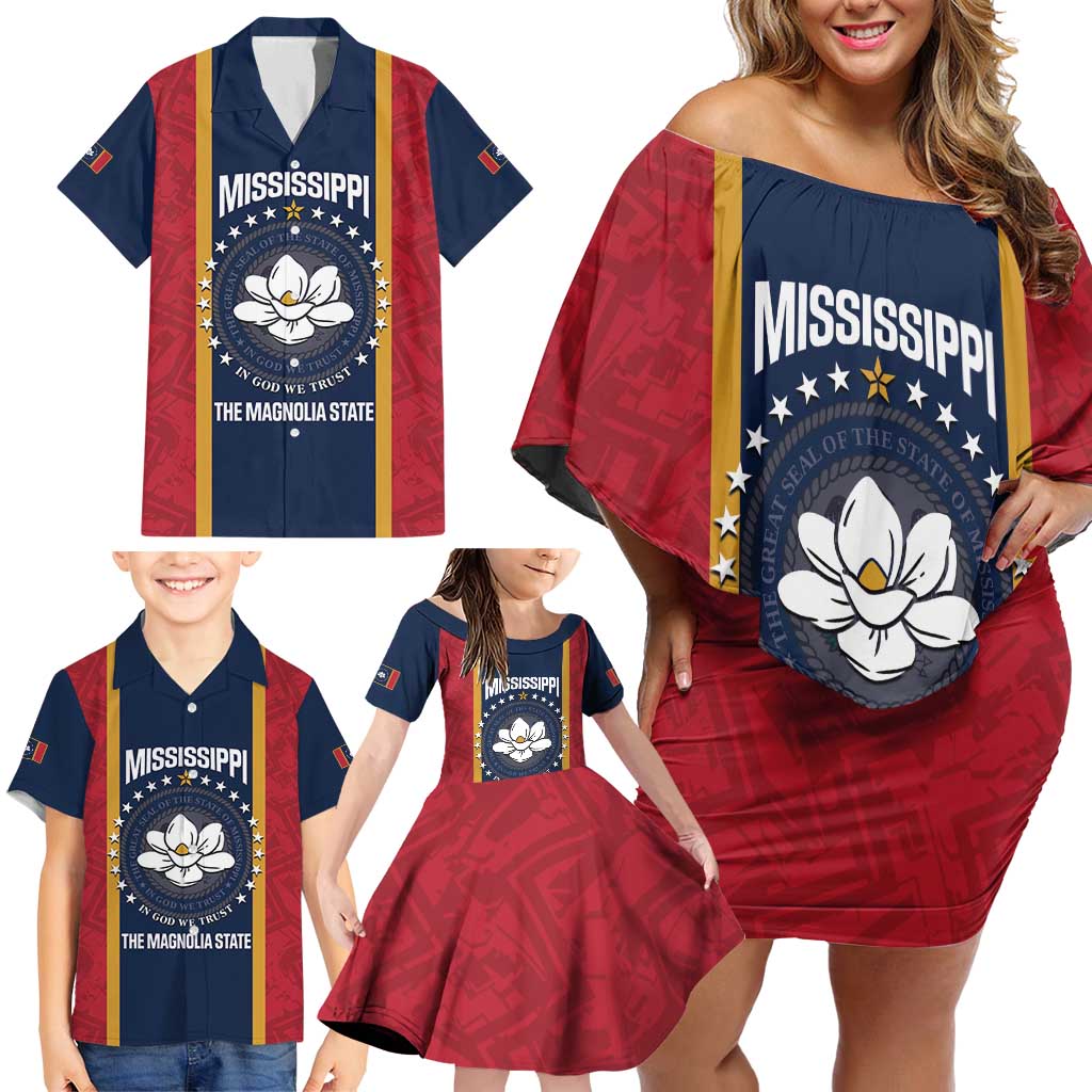 United States Mississippi Family Matching Off Shoulder Short Dress and Hawaiian Shirt Magnolia State Flag Style