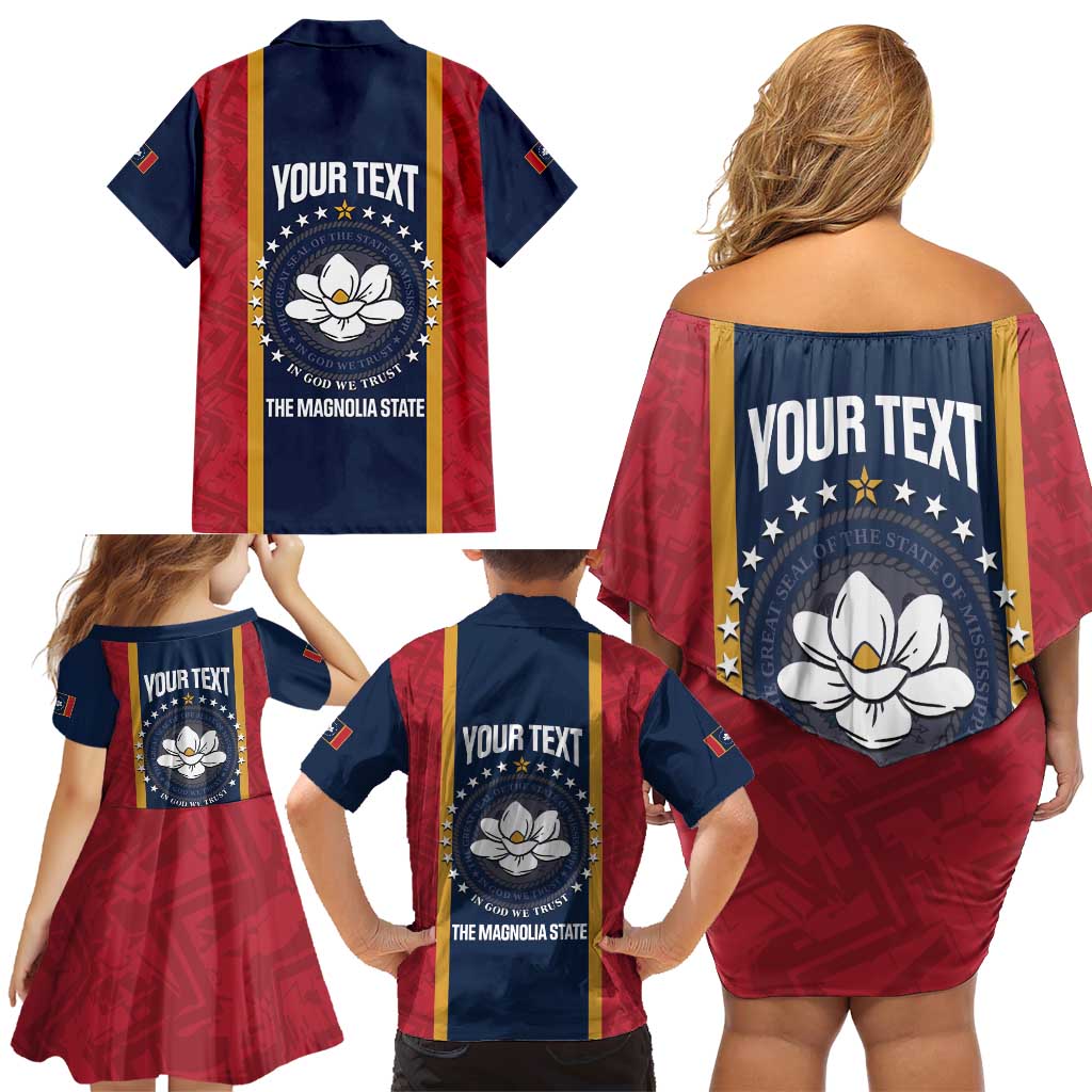 United States Mississippi Family Matching Off Shoulder Short Dress and Hawaiian Shirt Magnolia State Flag Style