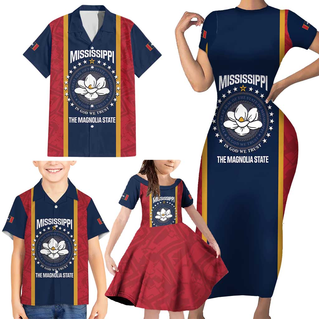 United States Mississippi Family Matching Short Sleeve Bodycon Dress and Hawaiian Shirt Magnolia State Flag Style